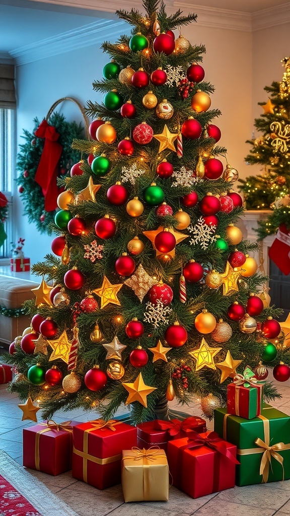 Festive Christmas Tree Ideas in Red, Green, and Gold A Christmas tree decorated with red, green, and gold ornaments, surrounded by presents in a festive living room.
